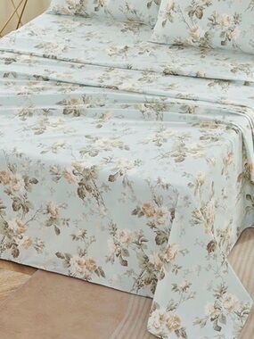Queen sheets Brandream Toile Floral 800TC Egyptian cotton mint blue beige